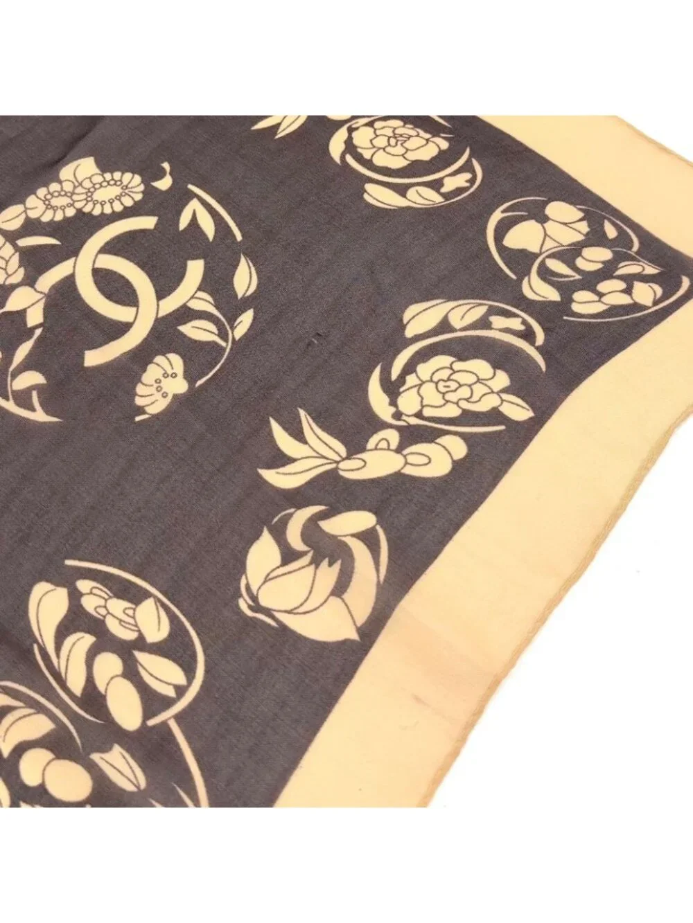 Chanel CC Logo Flower Motif Silk Brown Beige Scarf